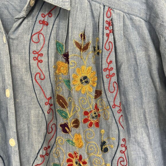 Go Softly Shirt Dress Size 2X Blue Chambray Denim Embroidered Artsy Porch House - Picture 3 of 11